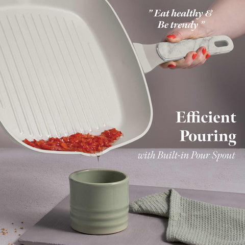 Product image of Grill pan 28cm. Part of the Sahara Marble Collection . Features: • Material: forged aluminum with non-stick titanPro coating • Grill pan Ø28*4,1 cm 2,1L • Color: matt cream, marble REGISTERED DESIGN BY BERLINGER .... (Conceptual view). Official Berlinger Haus product, boosted by Promintra sl.