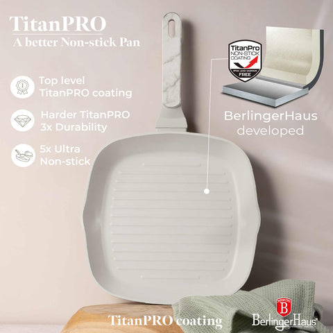 Product image of Grill pan 28cm. Part of the Sahara Marble Collection . Features: • Material: forged aluminum with non-stick titanPro coating • Grill pan Ø28*4,1 cm 2,1L • Color: matt cream, marble REGISTERED DESIGN BY BERLINGER .... (Conceptual view). Official Berlinger Haus product, boosted by Promintra sl.