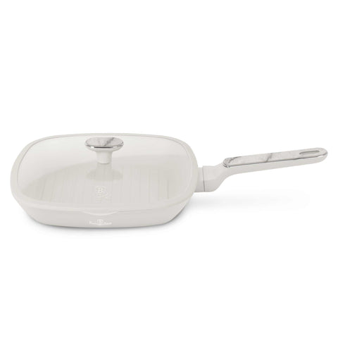 Product image of Grill pan with lid 28cm. Part of the Sahara Marble Collection . Features: • Material: forged aluminum with non-stick titanPro coating • Grill pan with lid Ø28*4,1 cm 2,1L • Color: matt cream, marble REGISTERED DESIGN BY B.... (Studio view). Official Berlinger Haus product, boosted by Promintra sl.