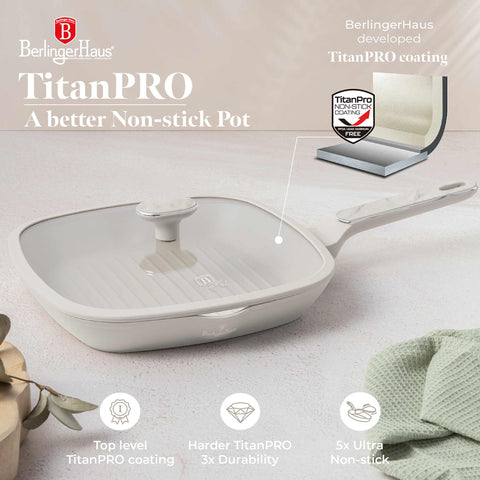 Product image of Grill pan with lid 28cm. Part of the Sahara Marble Collection . Features: • Material: forged aluminum with non-stick titanPro coating • Grill pan with lid Ø28*4,1 cm 2,1L • Color: matt cream, marble REGISTERED DESIGN BY B.... (Studio view). Official Berlinger Haus product, boosted by Promintra sl.