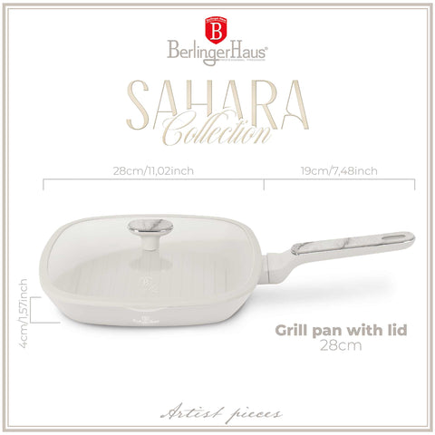 Product image of Grill pan with lid 28cm. Part of the Sahara Marble Collection . Features: • Material: forged aluminum with non-stick titanPro coating • Grill pan with lid Ø28*4,1 cm 2,1L • Color: matt cream, marble REGISTERED DESIGN BY B.... (Studio view). Official Berlinger Haus product, boosted by Promintra sl.