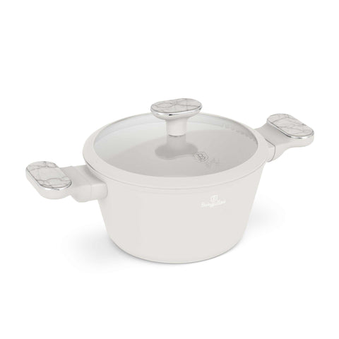 Product image of Casserole with lid 20cm. Part of the Sahara Marble Collection . Features: • Material: forged aluminum with non-stick titanPro coating • Casserole with lid Ø20*11 cm 2,6L • Color: matt cream, marble REGISTERED DESIGN BY BE.... (Studio view). Official Berlinger Haus product, boosted by Promintra sl.