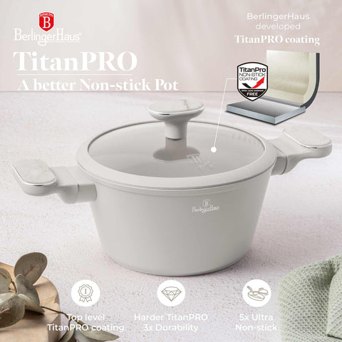 Product image of Casserole with lid 20cm. Part of the Sahara Marble Collection . Features: • Material: forged aluminum with non-stick titanPro coating • Casserole with lid Ø20*11 cm 2,6L • Color: matt cream, marble REGISTERED DESIGN BY BE.... (Studio view). Official Berlinger Haus product, boosted by Promintra sl.
