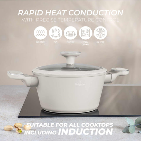 Product image of Casserole with lid 20cm. Part of the Sahara Marble Collection . Features: • Material: forged aluminum with non-stick titanPro coating • Casserole with lid Ø20*11 cm 2,6L • Color: matt cream, marble REGISTERED DESIGN BY BE.... (Studio view). Official Berlinger Haus product, boosted by Promintra sl.