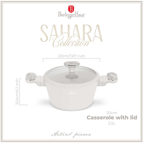 Product image of Casserole with lid 20cm. Part of the Sahara Marble Collection . Features: • Material: forged aluminum with non-stick titanPro coating • Casserole with lid Ø20*11 cm 2,6L • Color: matt cream, marble REGISTERED DESIGN BY BE.... (Studio view). Official Berlinger Haus product, boosted by Promintra sl.