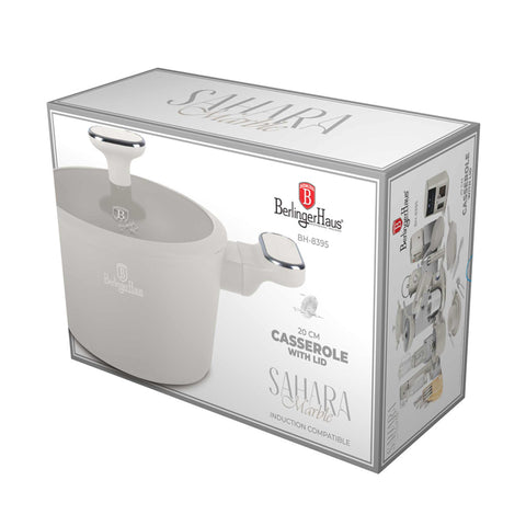 Product image of Casserole with lid 20cm. Part of the Sahara Marble Collection . Features: • Material: forged aluminum with non-stick titanPro coating • Casserole with lid Ø20*11 cm 2,6L • Color: matt cream, marble REGISTERED DESIGN BY BE.... (Studio view). Official Berlinger Haus product, boosted by Promintra sl.