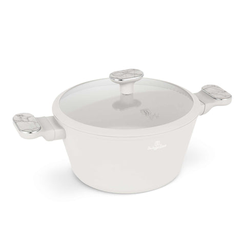 Product image of Casserole with lid 24cm. Part of the Sahara Marble Collection . Features: • Material: forged aluminum with non-stick titanPro coating • Casserole with lid Ø24*12,5 cm 4,3L • Color: matt cream, marble REGISTERED DESIGN BY .... (Studio view). Official Berlinger Haus product, boosted by Promintra sl.