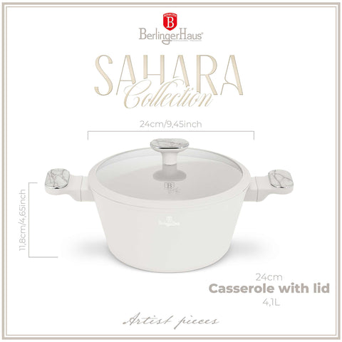 Product image of Casserole with lid 24cm. Part of the Sahara Marble Collection . Features: • Material: forged aluminum with non-stick titanPro coating • Casserole with lid Ø24*12,5 cm 4,3L • Color: matt cream, marble REGISTERED DESIGN BY .... (Studio view). Official Berlinger Haus product, boosted by Promintra sl.