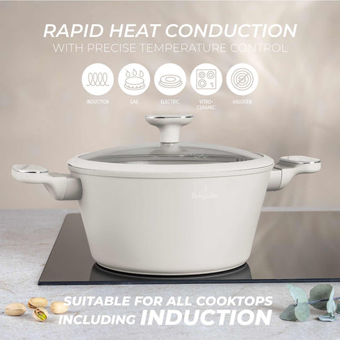 Product image of Casserole with lid 24cm. Part of the Sahara Marble Collection . Features: • Material: forged aluminum with non-stick titanPro coating • Casserole with lid Ø24*12,5 cm 4,3L • Color: matt cream, marble REGISTERED DESIGN BY .... (Studio view). Official Berlinger Haus product, boosted by Promintra sl.