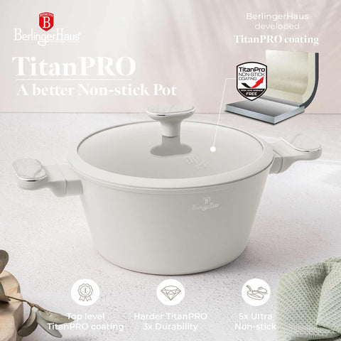 Product image of Casserole with lid 24cm. Part of the Sahara Marble Collection . Features: • Material: forged aluminum with non-stick titanPro coating • Casserole with lid Ø24*12,5 cm 4,3L • Color: matt cream, marble REGISTERED DESIGN BY .... (Studio view). Official Berlinger Haus product, boosted by Promintra sl.