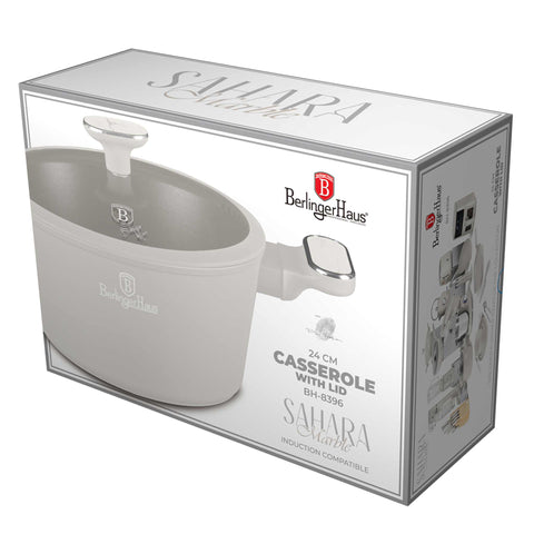 Product image of Casserole with lid 24cm. Part of the Sahara Marble Collection . Features: • Material: forged aluminum with non-stick titanPro coating • Casserole with lid Ø24*12,5 cm 4,3L • Color: matt cream, marble REGISTERED DESIGN BY .... (Studio view). Official Berlinger Haus product, boosted by Promintra sl.