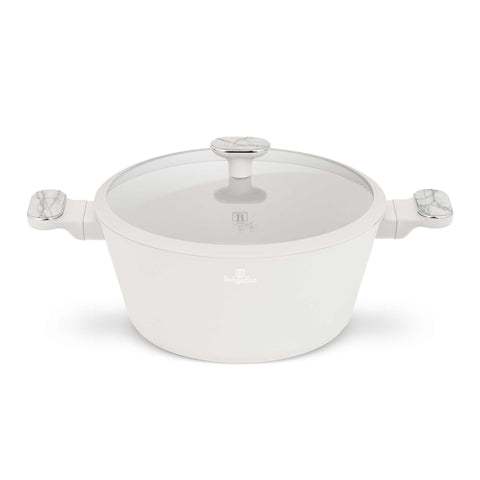 Product image of Casserole with lid 28cm. Part of the Sahara Marble Collection . Features: • Material: forged aluminum with non-stick titanPro coating • Casserole with lid Ø28*13 cm 6,3L • Color: matt cream, marble REGISTERED DESIGN BY BE.... (Studio view). Official Berlinger Haus product, boosted by Promintra sl.