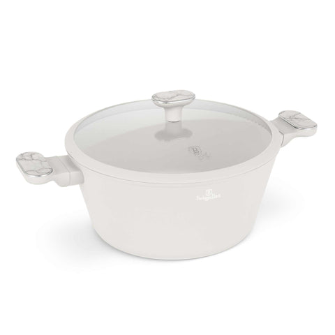 Product image of Casserole with lid 28cm. Part of the Sahara Marble Collection . Features: • Material: forged aluminum with non-stick titanPro coating • Casserole with lid Ø28*13 cm 6,3L • Color: matt cream, marble REGISTERED DESIGN BY BE.... (Studio view). Official Berlinger Haus product, boosted by Promintra sl.