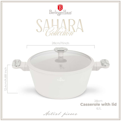 Product image of Casserole with lid 28cm. Part of the Sahara Marble Collection . Features: • Material: forged aluminum with non-stick titanPro coating • Casserole with lid Ø28*13 cm 6,3L • Color: matt cream, marble REGISTERED DESIGN BY BE.... (Studio view). Official Berlinger Haus product, boosted by Promintra sl.