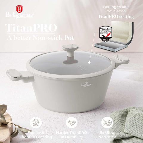 Product image of Casserole with lid 28cm. Part of the Sahara Marble Collection . Features: • Material: forged aluminum with non-stick titanPro coating • Casserole with lid Ø28*13 cm 6,3L • Color: matt cream, marble REGISTERED DESIGN BY BE.... (Studio view). Official Berlinger Haus product, boosted by Promintra sl.