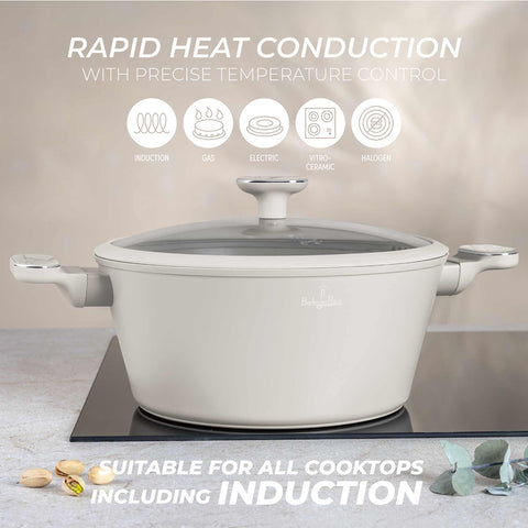 Product image of Casserole with lid 28cm. Part of the Sahara Marble Collection . Features: • Material: forged aluminum with non-stick titanPro coating • Casserole with lid Ø28*13 cm 6,3L • Color: matt cream, marble REGISTERED DESIGN BY BE.... (Studio view). Official Berlinger Haus product, boosted by Promintra sl.