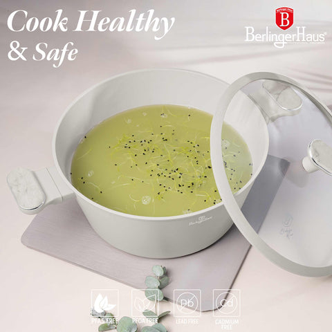 Product image of Casserole with lid 28cm. Part of the Sahara Marble Collection . Features: • Material: forged aluminum with non-stick titanPro coating • Casserole with lid Ø28*13 cm 6,3L • Color: matt cream, marble REGISTERED DESIGN BY BE.... (Studio view). Official Berlinger Haus product, boosted by Promintra sl.