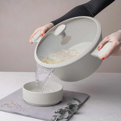 Product image of Casserole with lid 28cm. Part of the Sahara Marble Collection . Features: • Material: forged aluminum with non-stick titanPro coating • Casserole with lid Ø28*13 cm 6,3L • Color: matt cream, marble REGISTERED DESIGN BY BE.... (Studio view). Official Berlinger Haus product, boosted by Promintra sl.