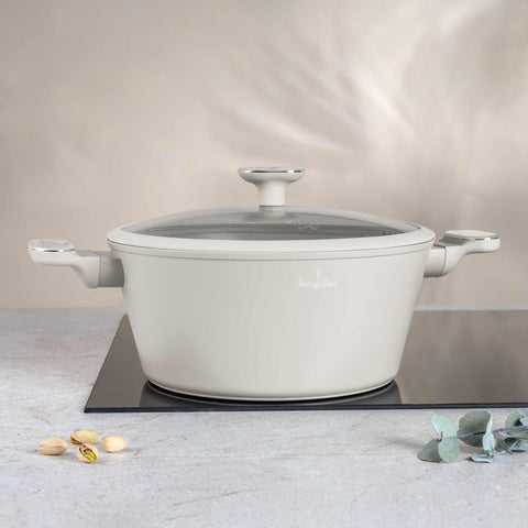 Product image of Casserole with lid 28cm. Part of the Sahara Marble Collection . Features: • Material: forged aluminum with non-stick titanPro coating • Casserole with lid Ø28*13 cm 6,3L • Color: matt cream, marble REGISTERED DESIGN BY BE.... (Studio view). Official Berlinger Haus product, boosted by Promintra sl.