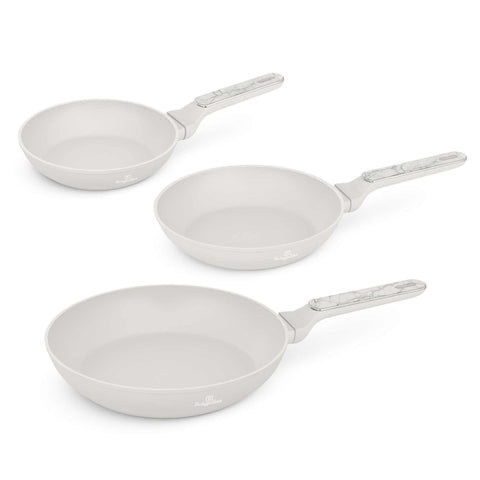 Product image of 3pcs frypan set. Part of the Sahara Marble Collection . Features: • Material: forged aluminum with non-stick titanPro coating • Include: • Frypan Ø20*4,5 cm 1,0L • Frypan Ø24*4,8 cm 1,7L • Frypan Ø28*5,2 cm 2,4L •.... (Studio view). Official Berlinger Haus product, boosted by Promintra sl.