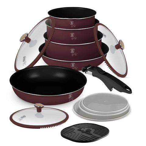 Product image of 13pcs cookware set. Part of the Leonardo Nordic Collection . Features: • Material: aluminum • Include: • STACKABLE - SPACE SAVING • Frypan Ø24*4,8 cm 1,7L • Frypan with (strainer) lid Ø28*5,2 cm 2,4L • Sauce pan with m.... (Studio view). Official Berlinger Haus product, boosted by Promintra sl.