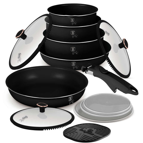 Product image of 13pcs cookware set. Part of the Black Rose Collection . Features: • Material: aluminum • Include: • STACKABLE - SPACE SAVING • Frypan Ø24*4,8 cm 1,7L • Frypan with (strainer) lid Ø28*5,2 cm 2,4L • Sauce pan with m.... (Studio view). Official Berlinger Haus product, boosted by Promintra sl.
