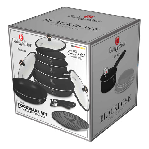 BH/8419, 13pcs cookware set, matt-black,rose-gold, 13 pcs cookware set, click it handle, smart cookware, cookware set, pots and pans, pot and pan set, set, click it, cooking, cookware