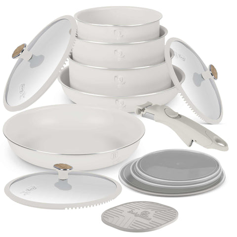 BH/8420, joc d'estris de cuina de 13 peces, crema mat, fusta, joc d'estris de cuina de 13 peces a., nou disseny de mànec, mànec de clic, estris de cuina intel·ligents, joc d'estris de cuina, olles i paelles, joc d'ols