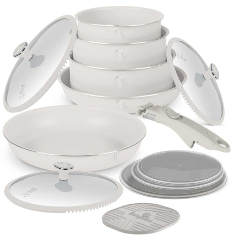 BH/8421, joc d'estris de cuina de 13 peces, crema mat, marbre, joc d'estris de cuina de 13 peces a., nou disseny de mànec, mànec de clic, estris de cuina intel·ligents, joc d'estris de cuina, olles i paelles, joc, de cuina