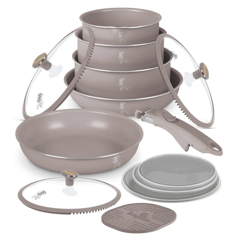 Product image of 13pcs cookware set. Part of the Taupe Nordic Collection . Features: • Material: aluminum • Include: • STACKABLE - SPACE SAVING • Frypan Ø24*4,8 cm 1,7L • Frypan with (strainer) lid Ø28*5,2 cm 2,4L • Sauce pan with m.... (Studio view). Official Berlinger Haus product, boosted by Promintra sl.