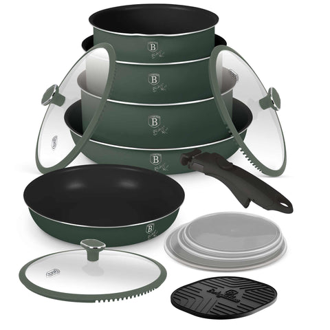 Product image of 13pcs cookware set. Part of the Matte Green Collection . Features: • Material: aluminum • Include: • STACKABLE - SPACE SAVING • Frypan Ø24*4,8 cm 1,7L • Frypan with (strainer) lid Ø28*5,2 cm 1,7 L • Sauce pan with .... (Studio view). Official Berlinger Haus product, boosted by Promintra sl.