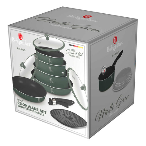 BH/8423, 13pcs cookware set, matt-green, 13 pcs cookware set, click it handle, smart cookware, cookware set, pots and pans, pot and pan set, set, click it, cooking, cookware