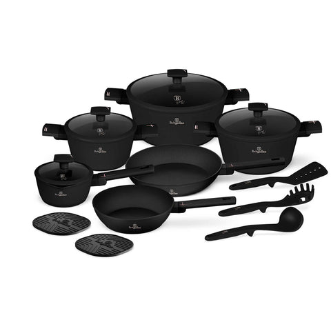 Imagem do produto: conjunto de panelas de 15 peças. Parte da Coleção Black Rose. Características: • Material: alumínio forjado com revestimento antiaderente TitanPro • Inclui: • Frigideira funda Ø24*6,5 cm 2,3 L • Frigideira Ø28*5,2 cm 2,4 L • Caçarola com (stra.... (Vista de estúdio). Produto oficial Berlinger Haus, impulsionado por Promintra sl.