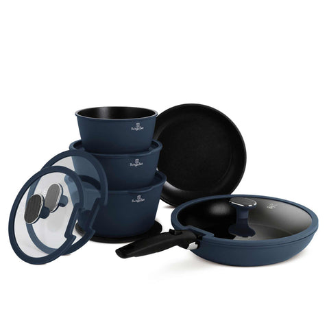 Product image of 12pcs cookware set. Part of the Deep Sea Collection . Features: • Material: forged aluminum • Include: • STACKABLE - SPACE SAVING • Frypan Ø24 cm • Frypan with lid Ø28 cm • Sauce pan Ø16 cm • Casserole with lid .... (Studio view). Official Berlinger Haus product, boosted by Promintra sl.