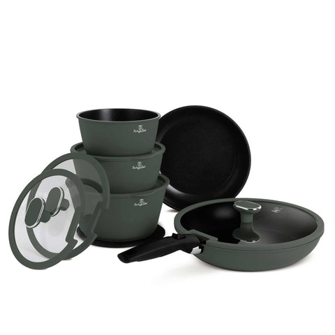 Product image of 12pcs cookware set. Part of the Matte Green Collection . Features: • Material: forged aluminum • Include: • STACKABLE - SPACE SAVING • Frypan Ø24 cm • Frypan with lid Ø28 cm • Sauce pan Ø16 cm • Casserole with lid .... (Studio view). Official Berlinger Haus product, boosted by Promintra sl.