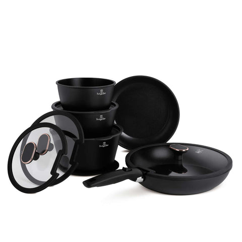 Product image of 12pcs cookware set. Part of the Black Rose Collection . Features: • Material: forged aluminum • Include: • STACKABLE - SPACE SAVING • Frypan Ø24 cm • Frypan with lid Ø28 cm • Sauce pan Ø16 cm • Casserole with lid .... (Studio view). Official Berlinger Haus product, boosted by Promintra sl.