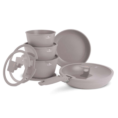 Product image of 12pcs cookware set. Part of the Taupe Collection . Features: • Material: forged aluminum • Include: • STACKABLE - SPACE SAVING • Frypan Ø24 cm • Frypan with lid Ø28 cm • Sauce pan Ø16 cm • Casserole with lid .... (Studio view). Official Berlinger Haus product, boosted by Promintra sl.