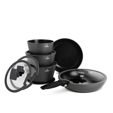 Product image of 12pcs cookware set. Part of the Anthracite Collection . Features: • Material: forged aluminum • Include: • STACKABLE - SPACE SAVING • Frypan Ø24 cm • Frypan with lid Ø28 cm • Sauce pan Ø16 cm • Casserole with lid .... (Studio view). Official Berlinger Haus product, boosted by Promintra sl.