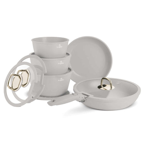 Product image of 12pcs cookware set. Part of the Sahara Collection . Features: • Material: forged aluminum • Include: • STACKABLE - SPACE SAVING • Frypan Ø24 cm • Frypan with lid Ø28 cm • Sauce pan Ø16 cm • Casserole with lid .... (Studio view). Official Berlinger Haus product, boosted by Promintra sl.