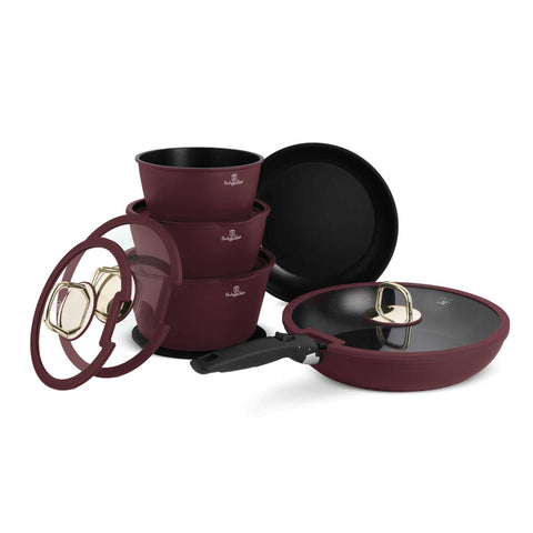 Product image of 12pcs cookware set. Part of the Leonardo Collection . Features: • Material: forged aluminum • Include: • STACKABLE - SPACE SAVING • Frypan Ø24 cm • Frypan with lid Ø28 cm • Sauce pan Ø16 cm • Casserole with lid .... (Studio view). Official Berlinger Haus product, boosted by Promintra sl.