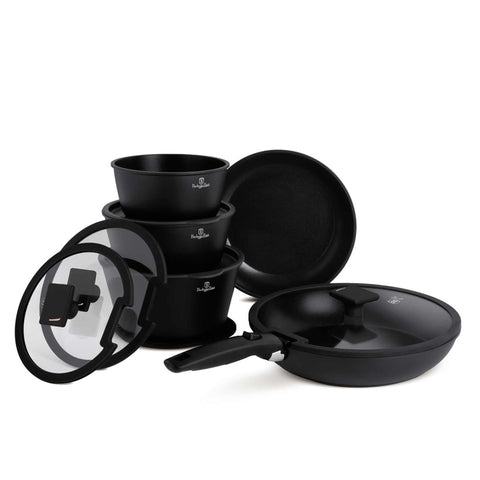 Product image of 12pcs cookware set. Part of the Black Rose Collection . Features: • Material: forged aluminum • Include: • STACKABLE - SPACE SAVING • Frypan Ø24 cm • Frypan with lid Ø28 cm • Sauce pan Ø16 cm • Casserole with lid .... (Studio view). Official Berlinger Haus product, boosted by Promintra sl.