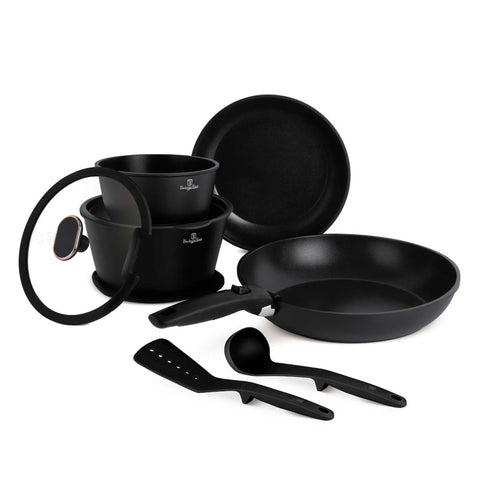 Product image of 10pcs cookware set. Part of the Black Rose Collection . Features: • Material: forged aluminum • Include: • STACKABLE - SPACE SAVING • Frypan Ø24 cm • Frypan Ø28 cm • Sauce pan Ø16 cm • Casserole with (strainer) li.... (Studio view). Official Berlinger Haus product, boosted by Promintra sl.
