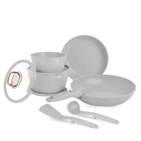 Product image of 10pcs cookware set. Part of the Sahara Collection . Features: • Material: forged aluminum • Include: • STACKABLE - SPACE SAVING • Frypan Ø24 cm • Frypan Ø28 cm • Sauce pan Ø16 cm • Casserole with (strainer) li.... (Studio view). Official Berlinger Haus product, boosted by Promintra sl.