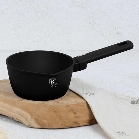 Product image of Sauce pan 16cm. Part of the Matte Black Collection . Features: • Material: forged aluminum with non-stick titanPro coating • Sauce pan Ø16*7,5 cm 1,2L • Color: black- silver. (Studio view). Official Berlinger Haus product, boosted by Promintra sl.