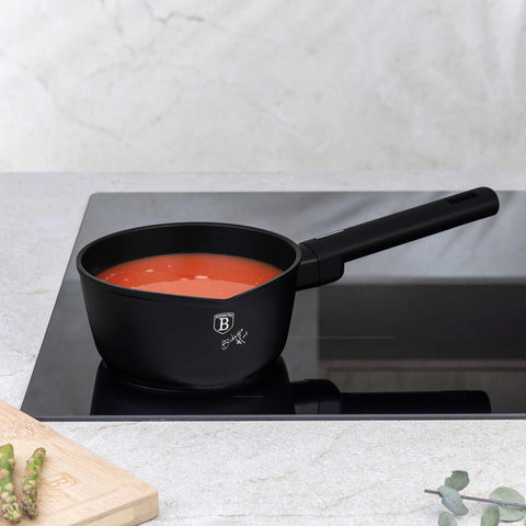Product image of Sauce pan 16cm. Part of the Matte Black Collection . Features: • Material: forged aluminum with non-stick titanPro coating • Sauce pan Ø16*7,5 cm 1,2L • Color: black- silver. (Studio view). Official Berlinger Haus product, boosted by Promintra sl.