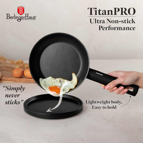 Product image of Frypan 20cm. Part of the Matte Black Collection . Features: • Material: forged aluminum with non-stick titanPro coating • Frypan Ø20*4,5 cm 1,0L • Color: black- silver. (Studio view). Official Berlinger Haus product, boosted by Promintra sl.
