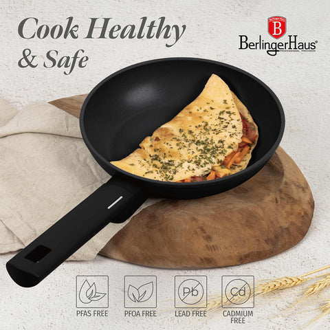 Product image of Frypan 20cm. Part of the Matte Black Collection . Features: • Material: forged aluminum with non-stick titanPro coating • Frypan Ø20*4,5 cm 1,0L • Color: black- silver. (Studio view). Official Berlinger Haus product, boosted by Promintra sl.