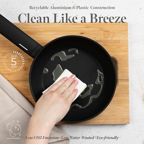 Product image of Frypan 20cm. Part of the Matte Black Collection . Features: • Material: forged aluminum with non-stick titanPro coating • Frypan Ø20*4,5 cm 1,0L • Color: black- silver. (Studio view). Official Berlinger Haus product, boosted by Promintra sl.