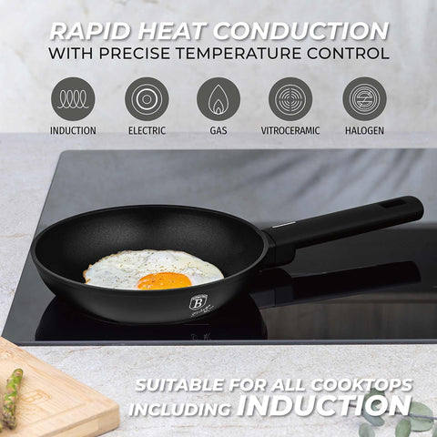 Product image of Frypan 20cm. Part of the Matte Black Collection . Features: • Material: forged aluminum with non-stick titanPro coating • Frypan Ø20*4,5 cm 1,0L • Color: black- silver. (Studio view). Official Berlinger Haus product, boosted by Promintra sl.