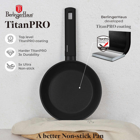 Product image of Frypan 20cm. Part of the Matte Black Collection . Features: • Material: forged aluminum with non-stick titanPro coating • Frypan Ø20*4,5 cm 1,0L • Color: black- silver. (Studio view). Official Berlinger Haus product, boosted by Promintra sl.